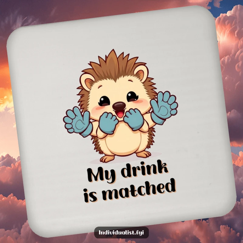 Funny hedgehog drink coaster featuring a cheerful character proudly displaying mismatched gloves, great for tables.
