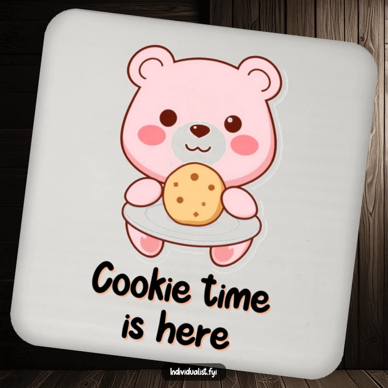 Funny Kawaii bear offering a unique cookie on a plate on a drink coaster, adding sweet protection to tables.