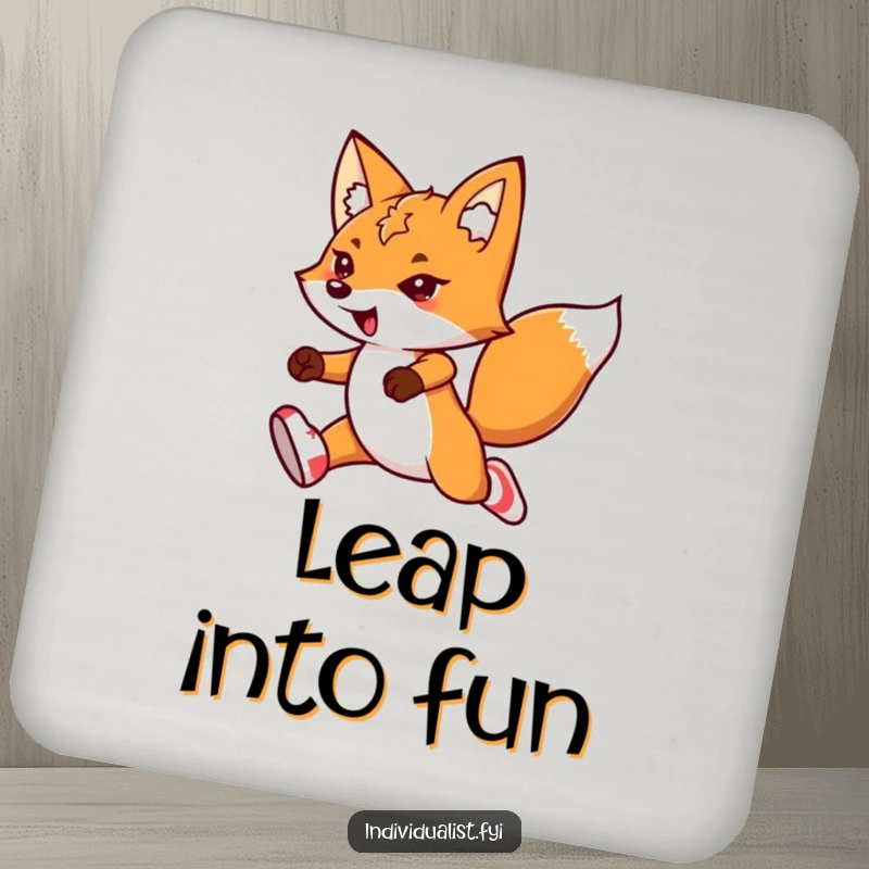 Funny kawaii fox drink coasters, depicting a determined fox in mismatched socks, leaping with dynamic flair.