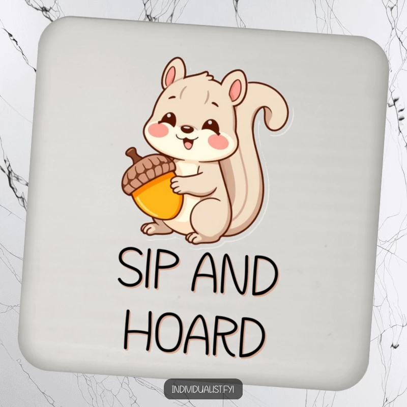 Funny Kawaii squirrel coaster, with a delighted squirrel holding a unique acorn, protecting tables with charming distinction.