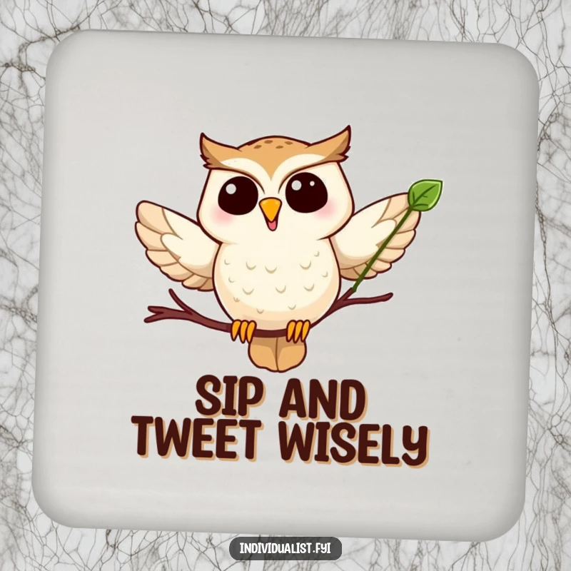 Funny owl leaf drink coaster showing a joyful owl in flight with a distinctive leaf, adding humor to tabletops.