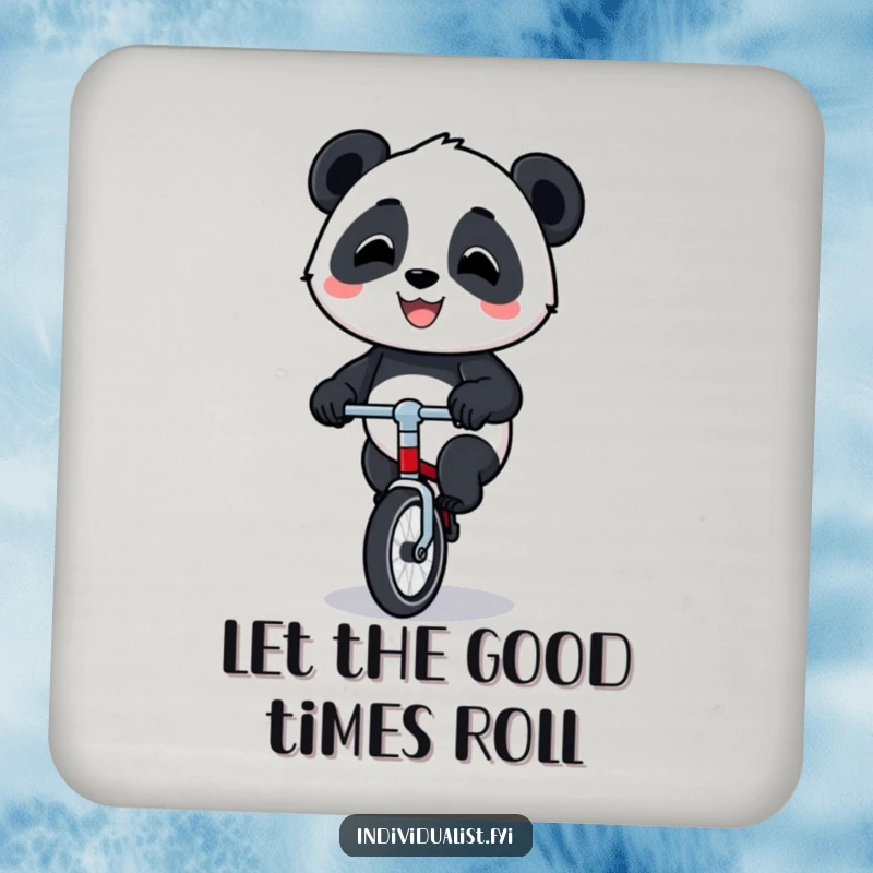 Funny panda unicycle drink coaster showing a happy panda riding a small unicycle with a proud grin, for table protection.