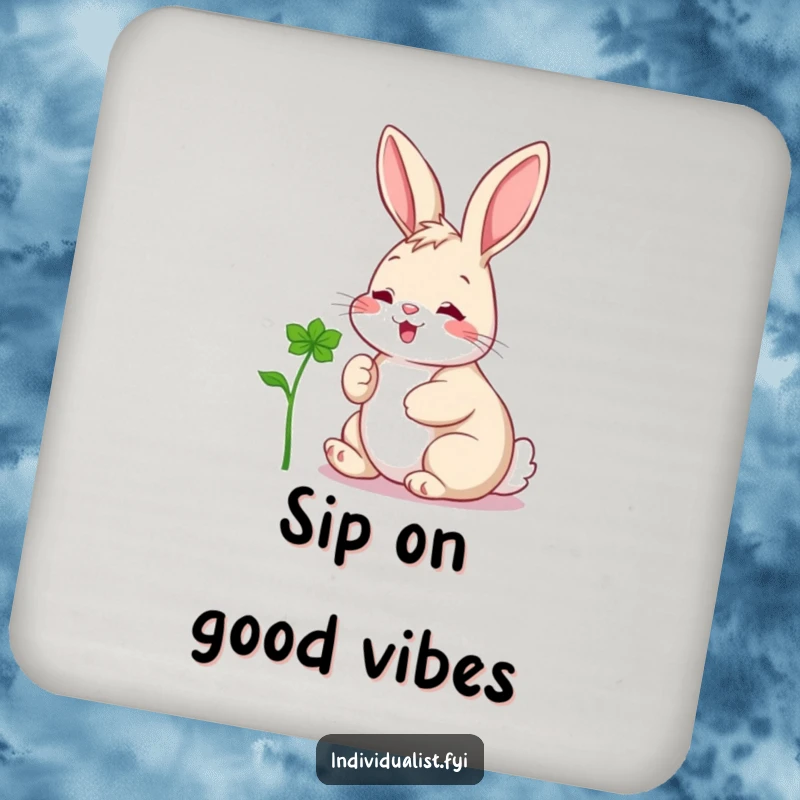Funny drink coaster with a happy rabbit looking at a unique clover, adding a touch of luck and humor.