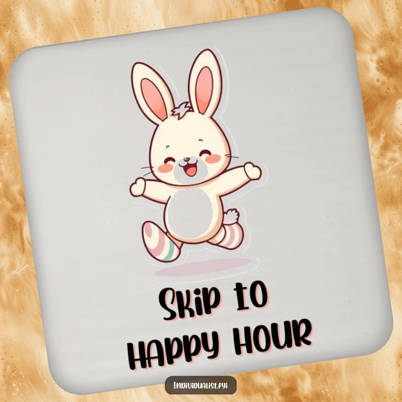 Funny rabbit mismatched socks drink coaster showcasing a cheerful bunny skipping, protecting surfaces with a humorous and quirky artistic design.