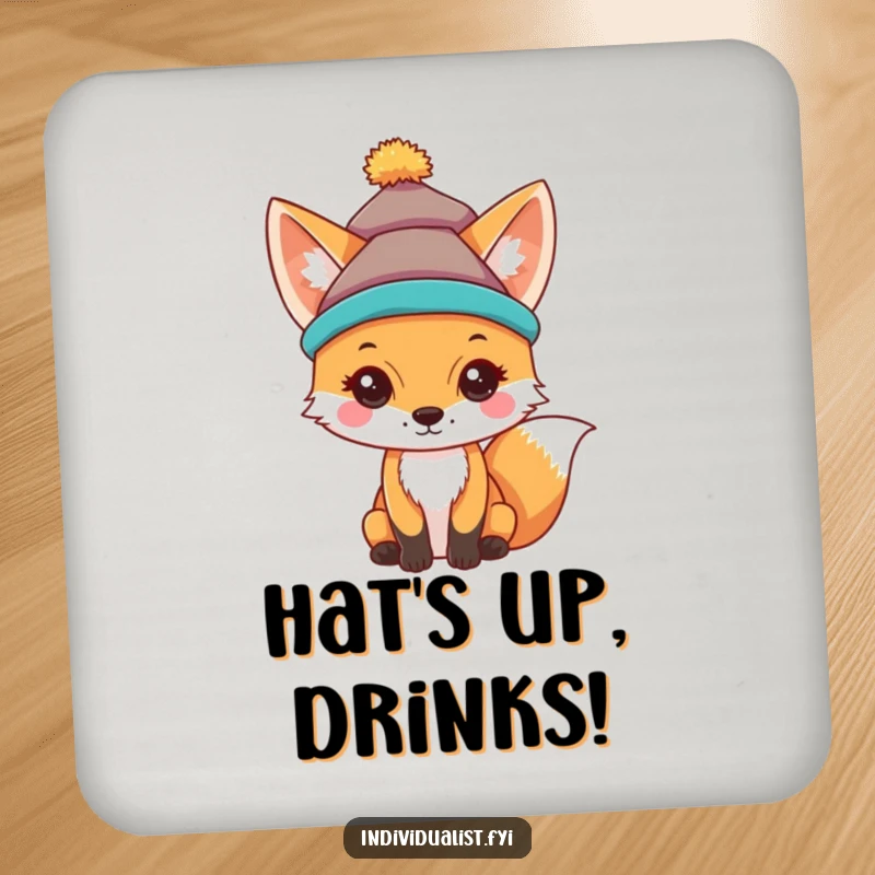 Funny drink coaster with a curious fox wearing a unique, brightly colored hat, adding stylish flair.