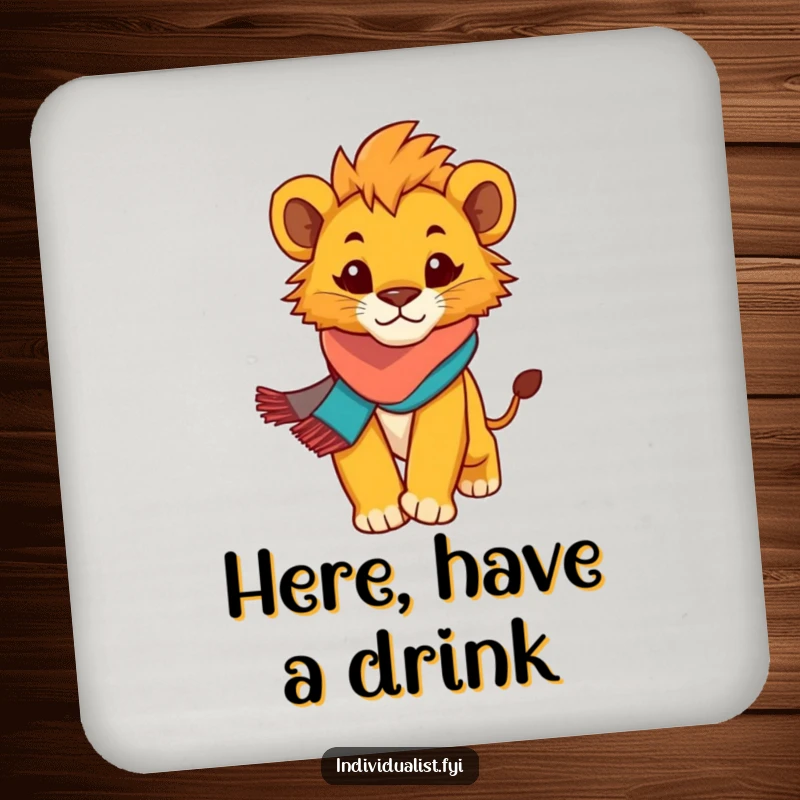 Funny Lion Cub Coaster: Determined cub with a scarf, protecting surfaces with confidence and humor.