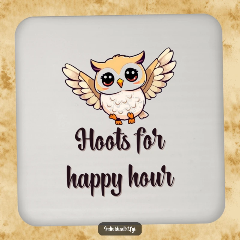 Funny owl soaring drink coaster showcasing a happy owl with a unique wing pattern, protecting surfaces with a humorous and artistic design.