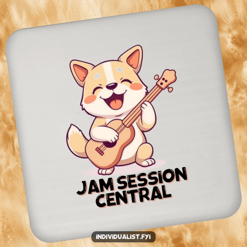 Funny joyful dog character playing a peculiar musical instrument, featured on a set of protective and humorous drink coasters.