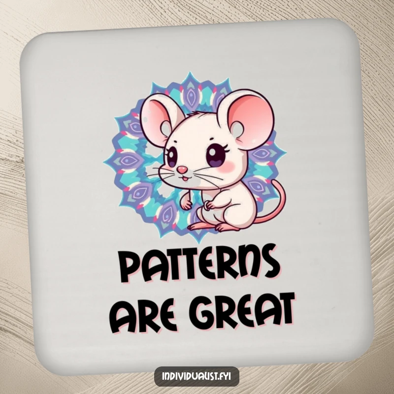Funny Kawaii mouse peeking into a kaleidoscope of distinct patterns on a drink coaster, adding whimsical protection.