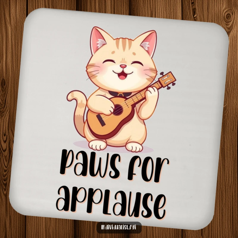 Funny cat drink coaster featuring a happy cat playing a small, peculiar musical instrument, adding a humorous touch to any surface.