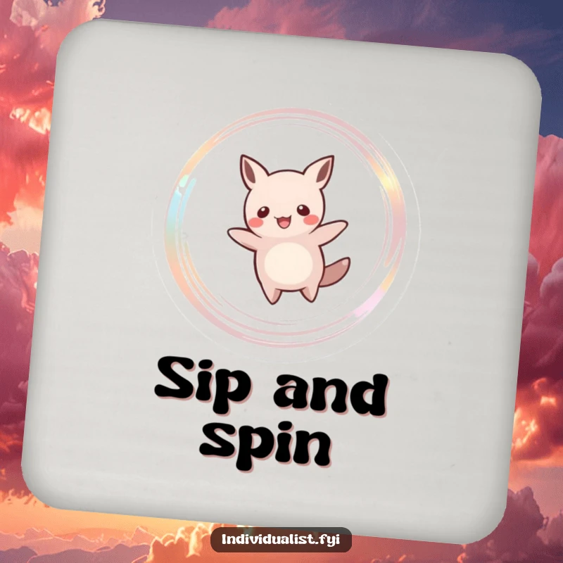 Funny drink coaster showing a joyful creature with an unusual silhouette spinning, creating a bright, shimmering trail. Protect surfaces with style.