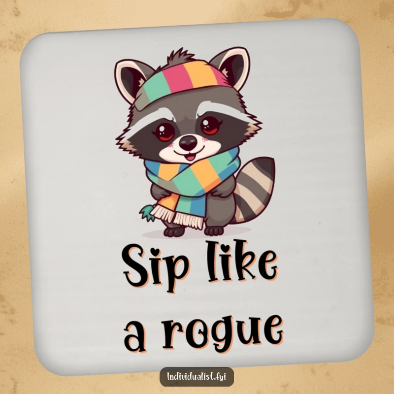 Funny raccoon drink coaster with a mischievous raccoon wearing an outlandish, colorful scarf, protecting surfaces.