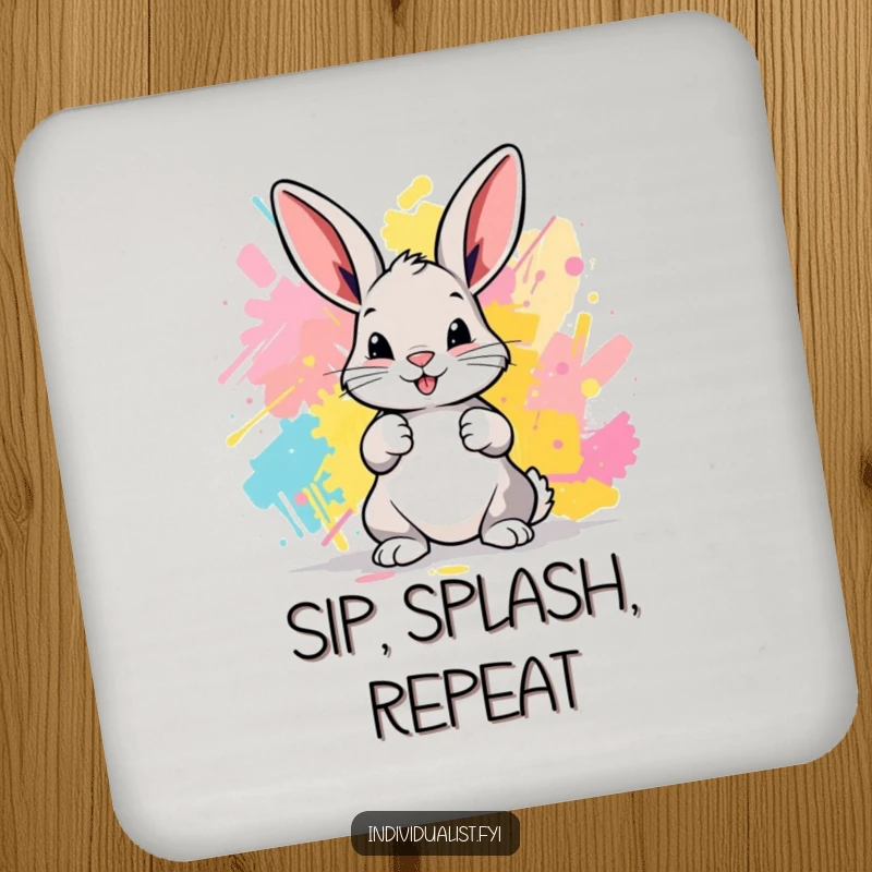 Funny Bunny Coaster: A playful bunny artist creates art on a drink coaster, adding charm and protection.