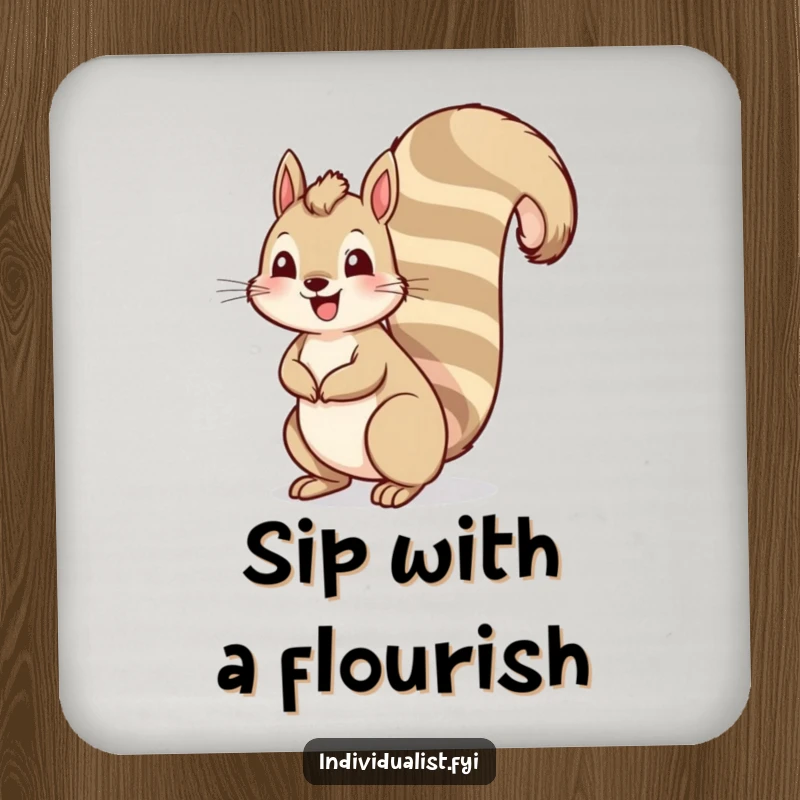 Funny squirrel drink coasters featuring a cheerful squirrel with an exaggeratedly tall, striped tail, providing humorous table protection.