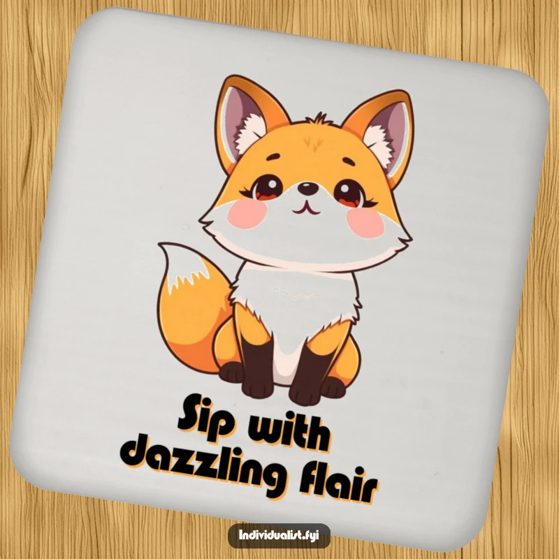 Funny drink coasters featuring a happy fox with a mesmerizing kaleidoscope fur pattern, looking up curiously.