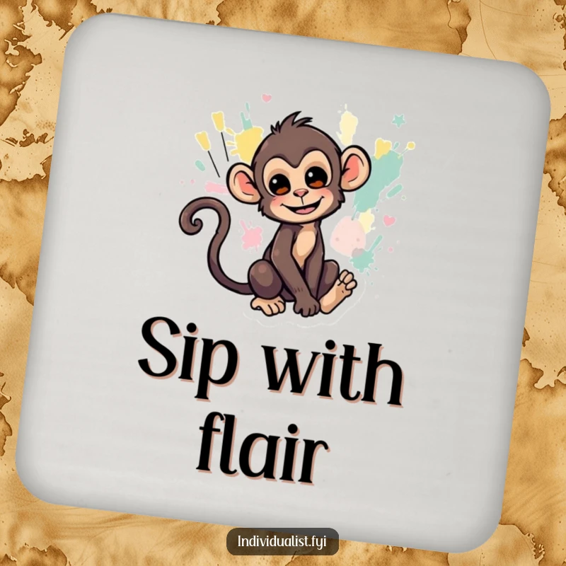 Funny drink coaster featuring a monkey painting abstract art with its tail, adding a playful artistic touch.