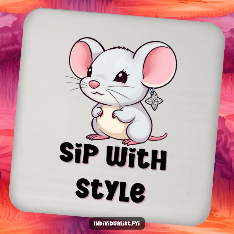 Funny Mouse Coaster showing a tiny, chic mouse with one enormous, sparkling earring, safeguarding your tabletop.