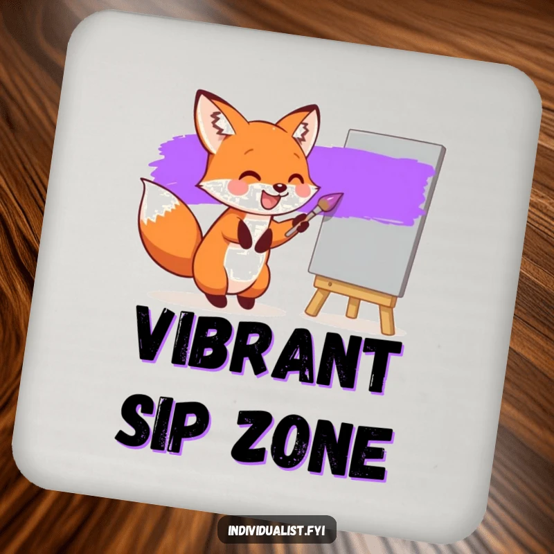 Funny drink coaster designed with a joyful fox painting a purple stripe on a canvas, adding artistic humor to any surface.