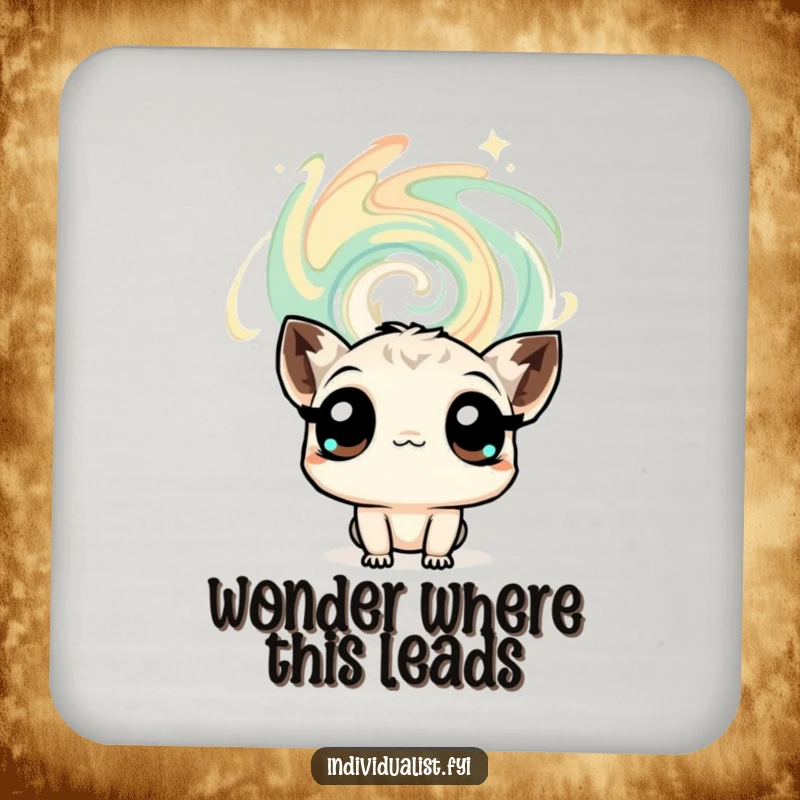 Funny drink coasters showing a curious creature with expressive eyes gazing at a swirling abstract pattern, adding a humorous touch to tabletops.