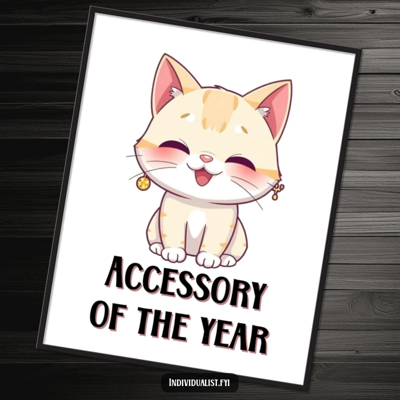 Funny poster art of a giggling cat proudly displaying a single, oversized, glittering sparkly earring, full of mirthful energy.