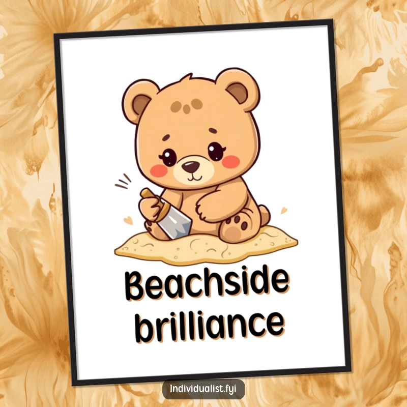 Funny determined bear character meticulously crafting a unique pattern in the sand, displayed as inspiring wall art.