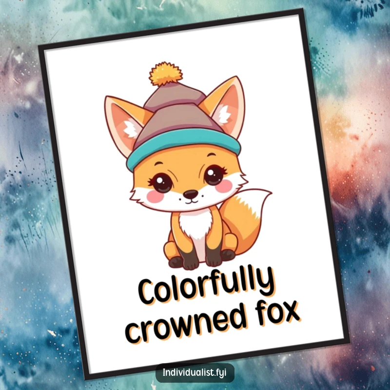 Funny poster featuring a curious fox wearing a distinctive, colorful hat, adding a touch of whimsy.