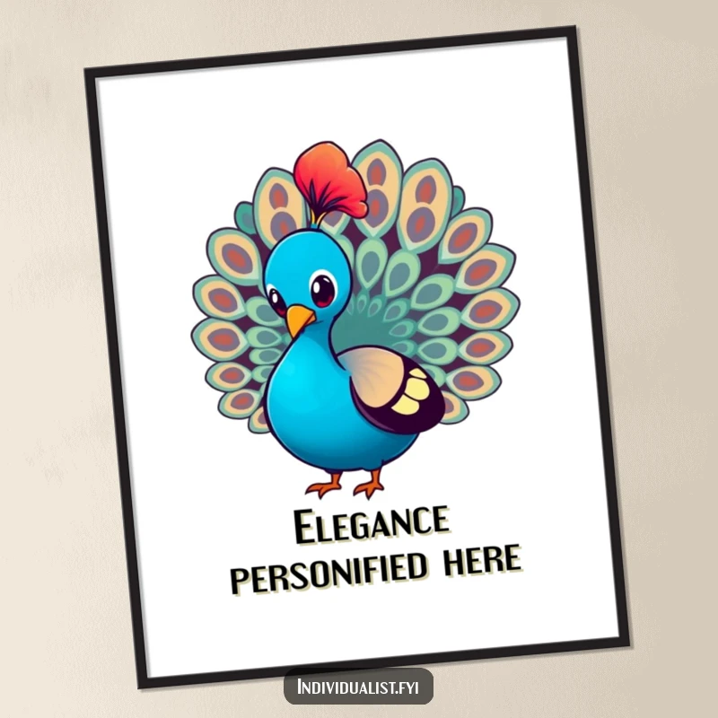 Funny Poster featuring a peacock proudly strutting and showcasing a single, brightly colored feather, adding majestic charm.