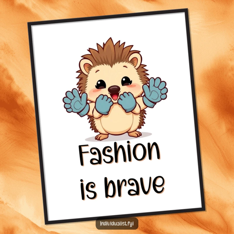 Funny hedgehog poster featuring a cheerful hedgehog proudly displaying a mismatched pair of gloves on the wall.