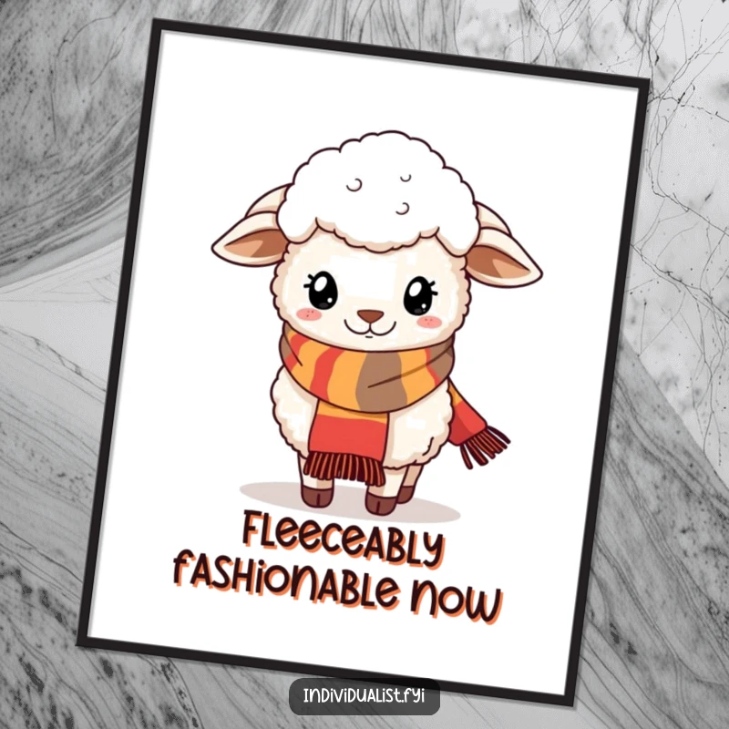 Funny poster featuring a fluffy sheep wearing a fashionable and quirky scarf, adding whimsical charm.
