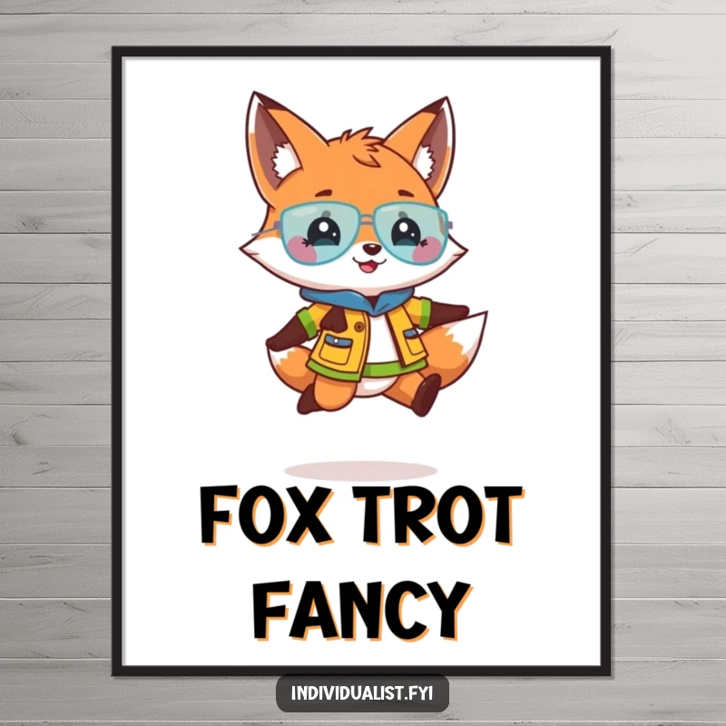 Funny poster depicting a playful fox in a bright, distinct outfit doing a joyous jump, perfect for lively, humorous decor.