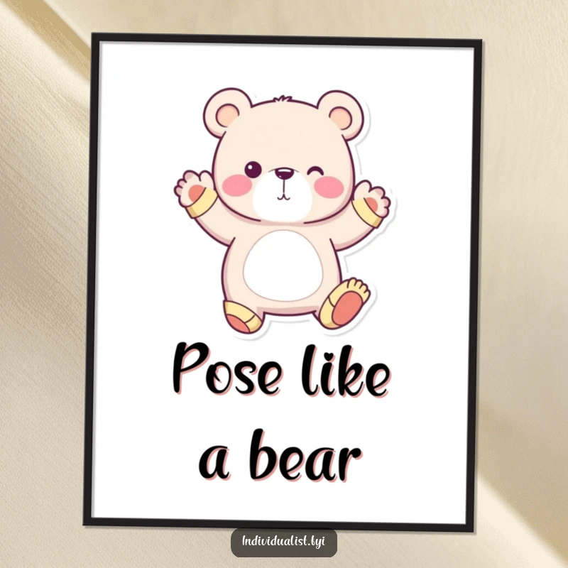 Funny poster print of a whimsical bear wearing mismatched socks, striking a unique pose, perfect for quirky and fun decor.