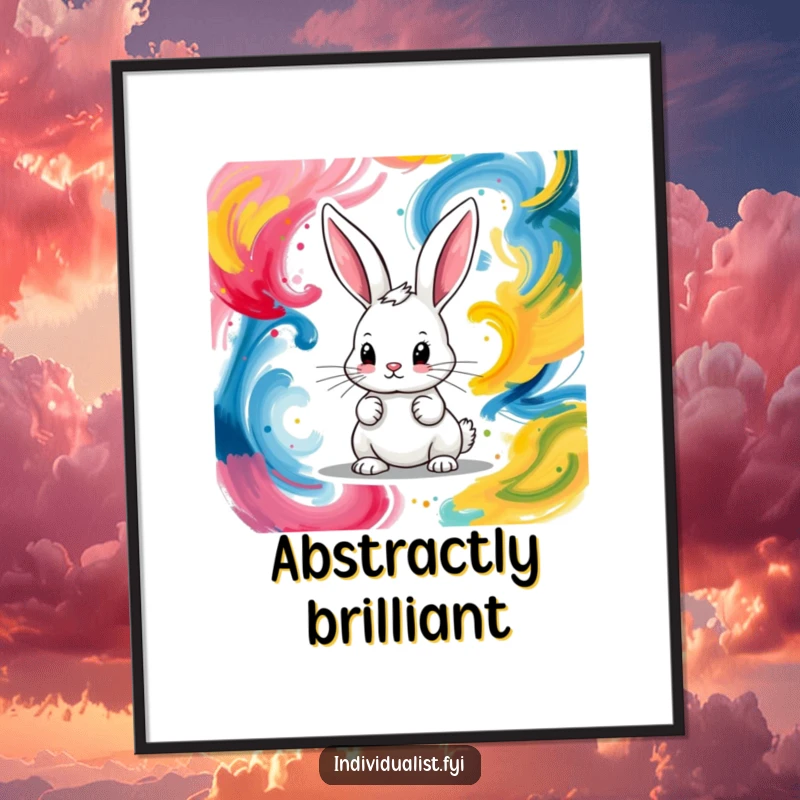 Funny poster of a focused bunny artistically painting abstract, colorful swirls, embodying creative determination.