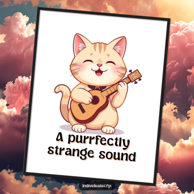 Funny cat poster illustrating a joyful cat expertly playing a tiny, unusual instrument with a look of utter contentment and musical passion.