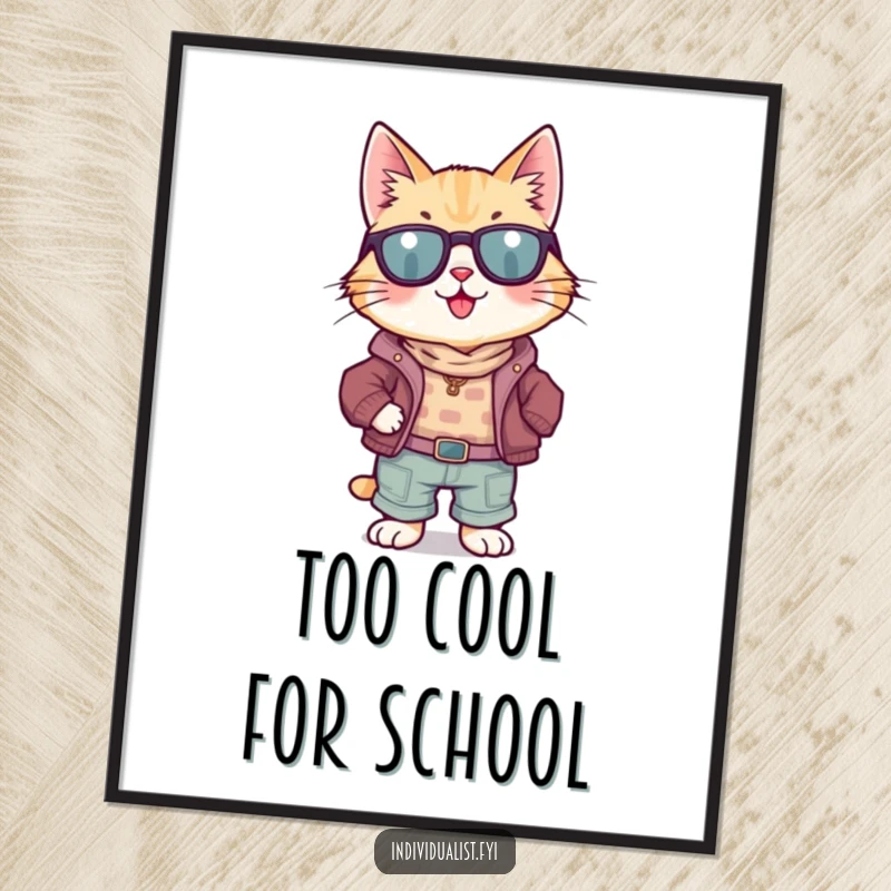 Funny Cat Poster: A happy cat strikes a confident pose, adorned in uniquely mismatched clothing, adding humor to walls.