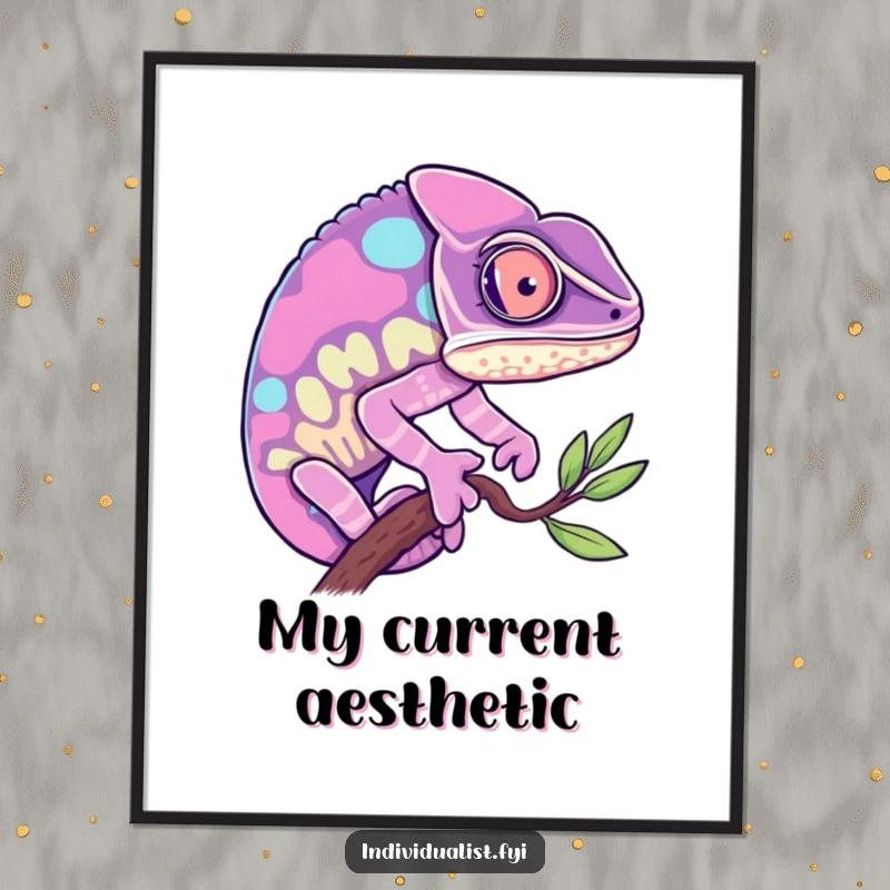 Funny Chameleon Poster: Curious chameleon displaying a single vibrant color, adding a touch of funny flair to decor.