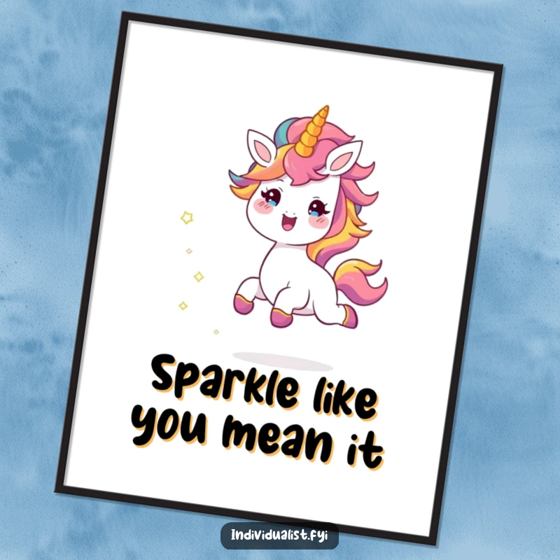 Funny poster of a cheerful creature with a bright mane skipping joyfully, trailing glittery sparkles, capturing an energetic and happy moment.