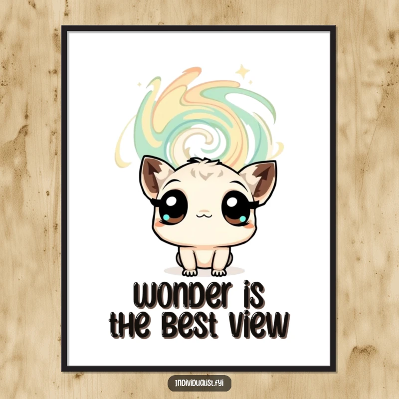 Funny poster art of a curious creature with wide eyes gazing with wonder at a dynamic, swirling abstract pattern, stimulating imagination.