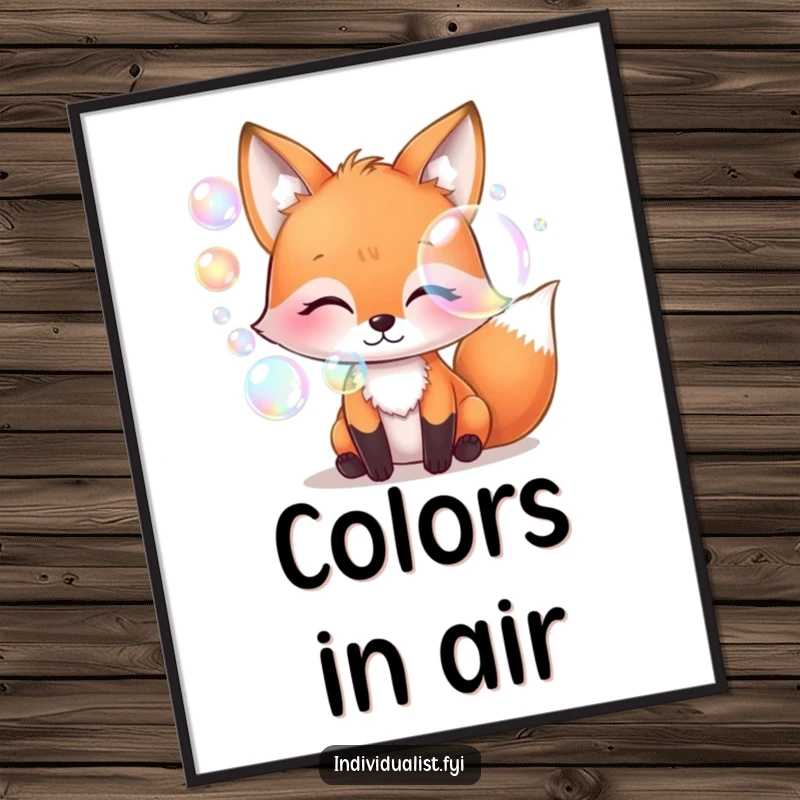 Funny whimsical fox blowing iridescent bubbles, wall art poster, magical creature illustration, colorful bubble art, unique and funny gift.
