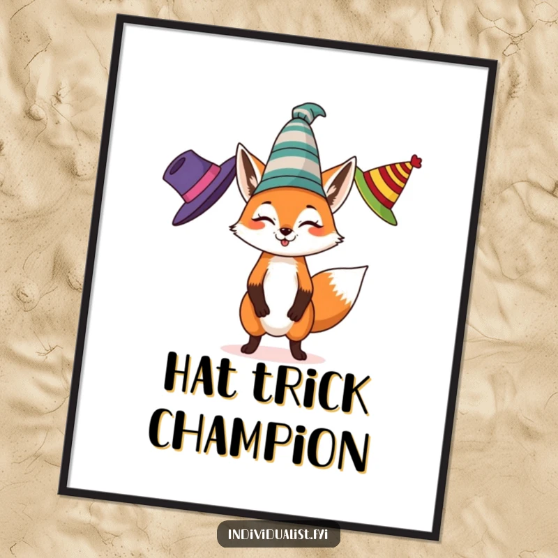 Funny poster of a spirited fox juggling three different colored, eccentric hats, adding playful charm and humor to wall decor.