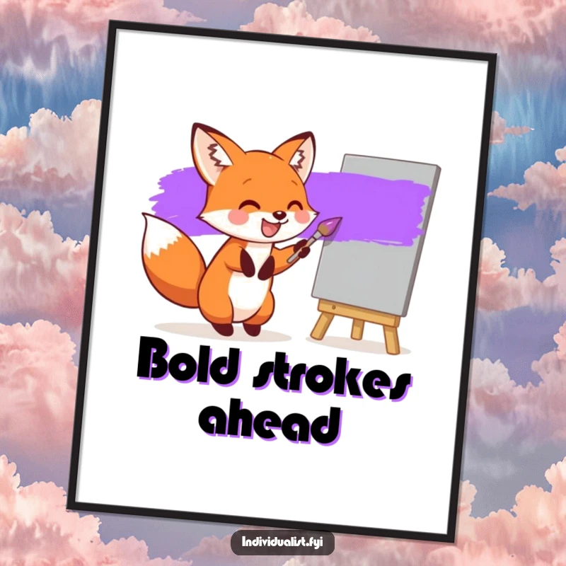 Funny poster of a joyful fox painting a single bright purple stripe on a grey canvas, adding artistic humor to walls.