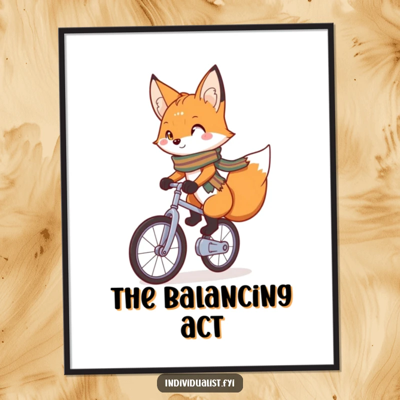 Funny Poster of a charming fox with a bright scarf confidently riding a unicycle, creating whimsical and eye-catching wall art.