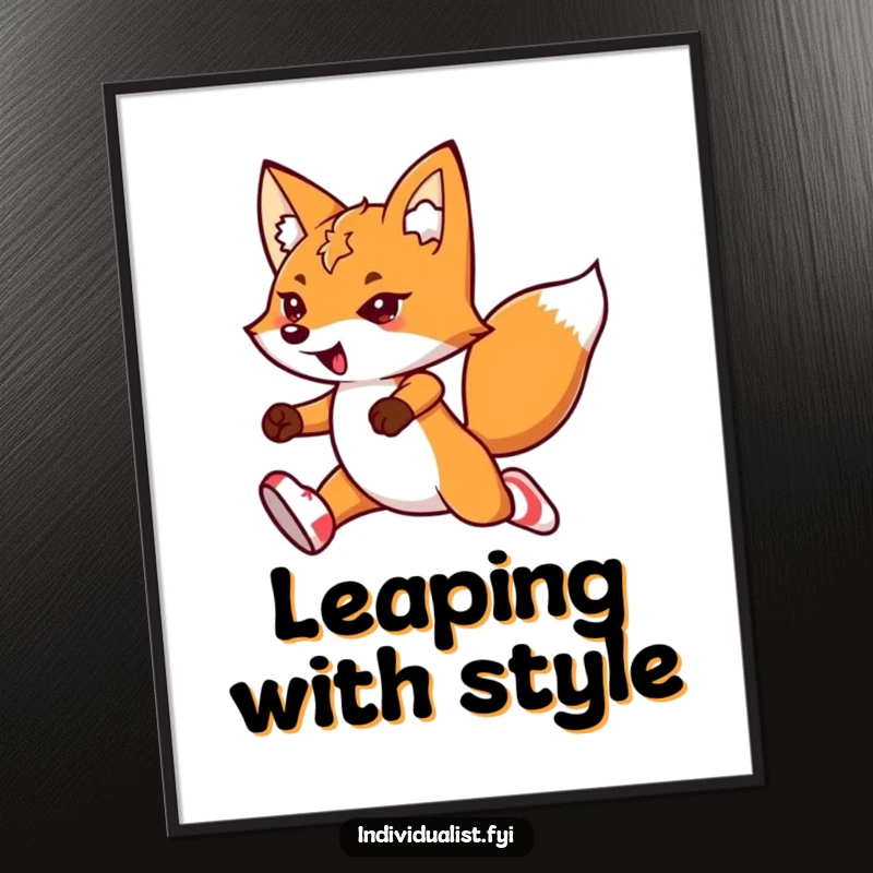Funny kawaii fox poster, illustrating a determined fox wearing mismatched socks, captured mid-leap with exceptional flair.