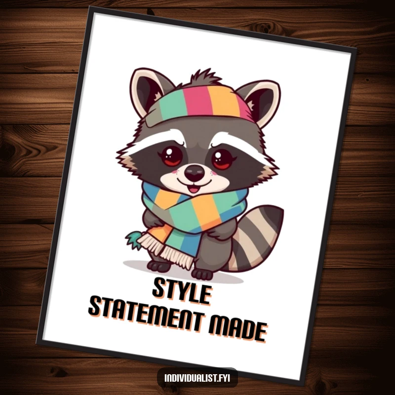 Funny raccoon poster of a mischievous raccoon fashionably sporting an outlandish, multi-colored scarf, stylish art.