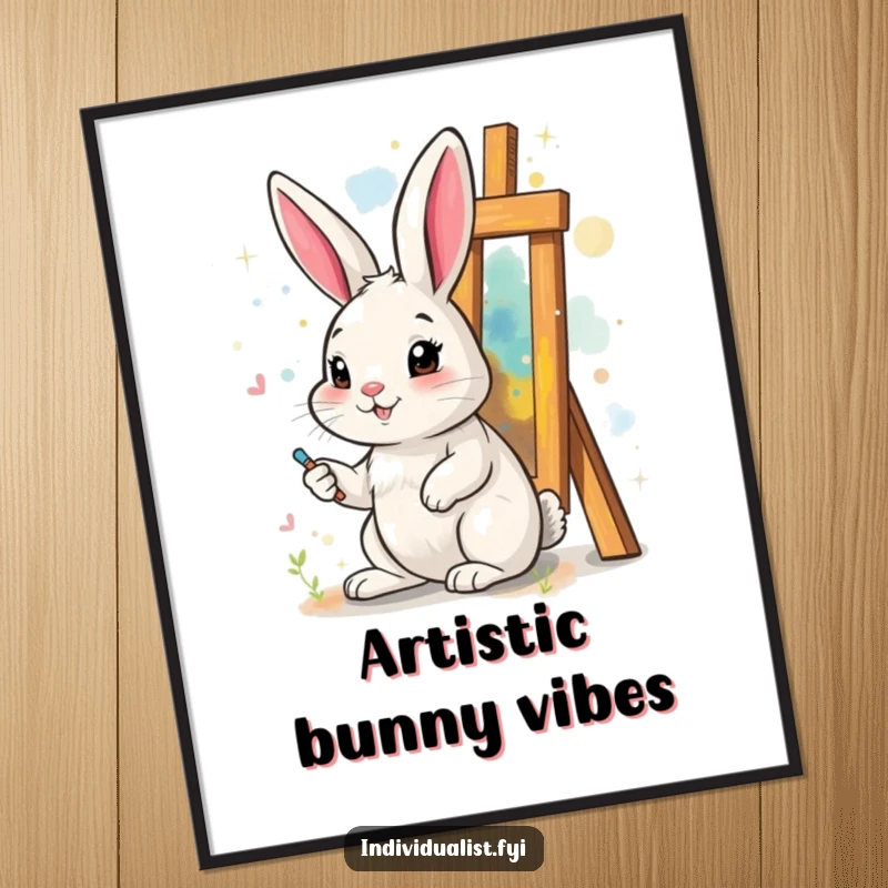 Funny poster depicting a cheerful rabbit painting a vibrant, surreal, abstract art piece, adding creative humor to decor.