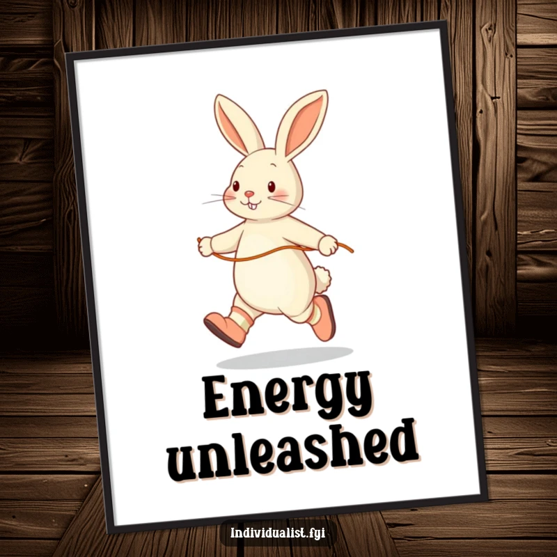 Funny poster of a happy rabbit skipping rope alone, wearing mismatched socks, bringing playful energy and humor to walls.