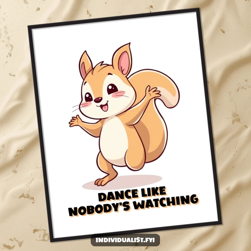 Funny squirrel dancing poster, a whimsical character performing solo under a dramatic spotlight. Energetic and humorous wall art for any space.