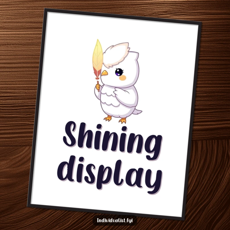 Funny Poster: A unique creature with a glowing aura proudly displays a single, hand-painted feather, creating a magical and proud scene.