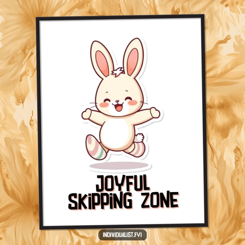 Funny rabbit mismatched socks poster featuring a cheerful bunny skipping joyfully, celebrating individuality and playful fashion with vibrant art.