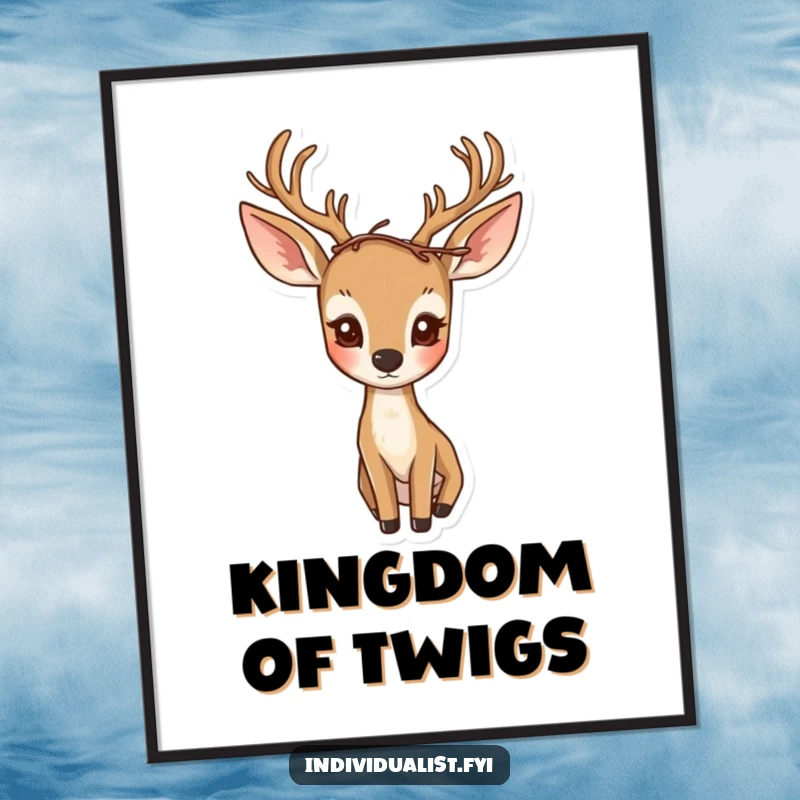 Funny poster showcasing a curious deer with large, expressive eyes wearing an asymmetrical twig crown.