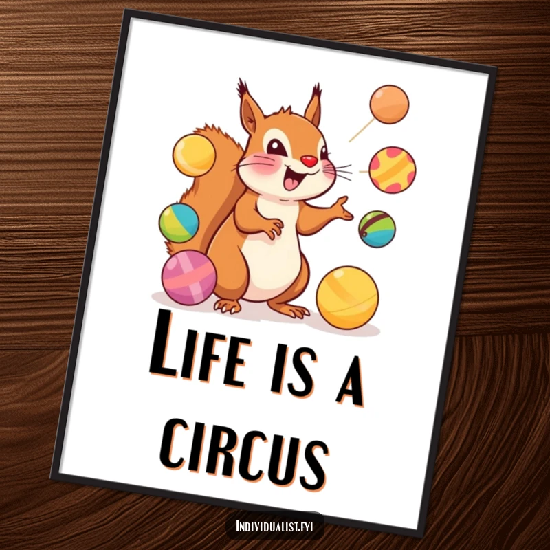 Funny Squirrel Poster: An excited squirrel is depicted in mid-air, skillfully juggling colorful, uniquely shaped spheres.